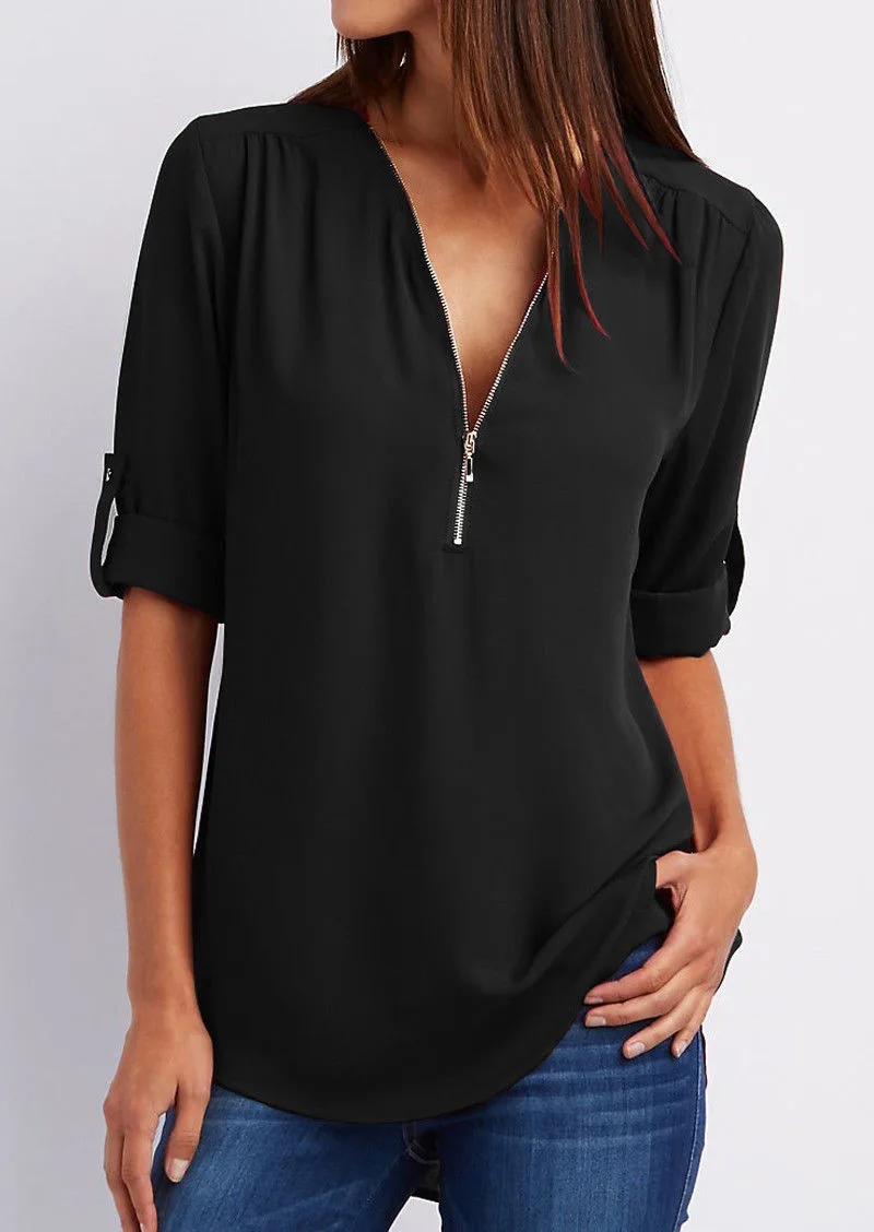 Tina - Blouse with V-neck and zip