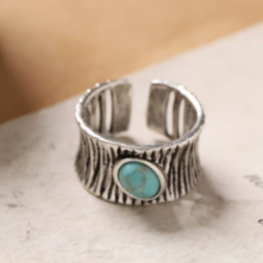 Vintage Inlaid Oval Turquoise Stone Silver Ring