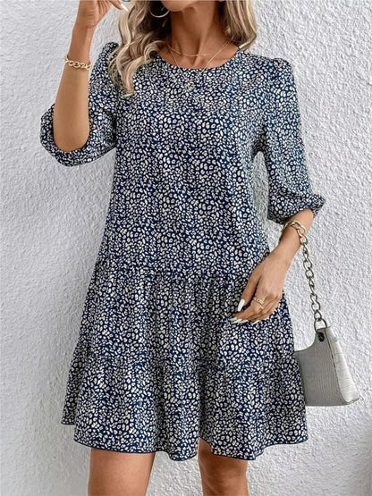 Blue casual summer dress with floral print, lightweight and comfortable dress for sunny days and outdoor occasions.