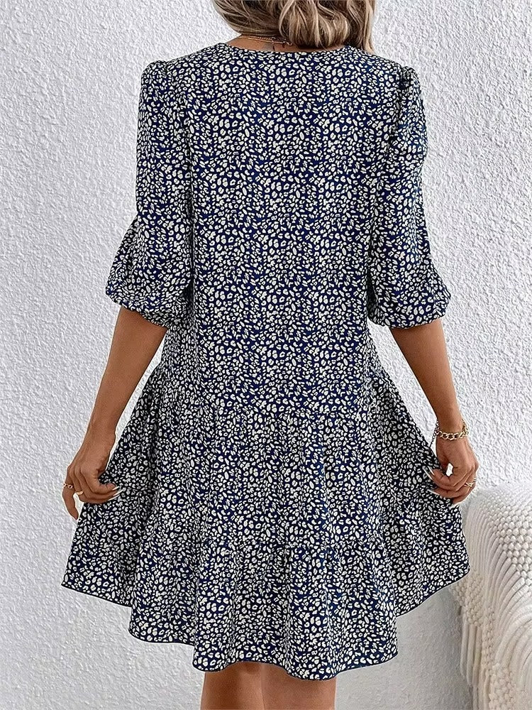 Blue casual summer dress with floral print, lightweight and comfortable dress for sunny days and outdoor occasions.