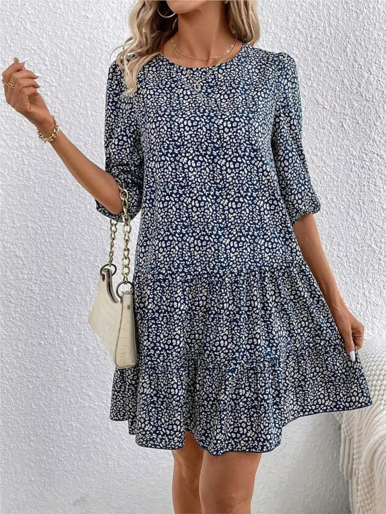 Blue casual summer dress with floral print, lightweight and comfortable dress for sunny days and outdoor occasions.