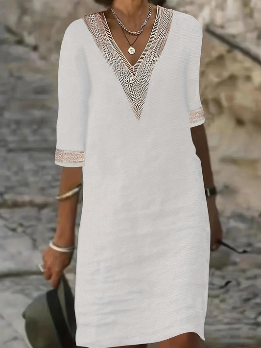 
Chic V-Neck Lace Tunic Dress for stylish occasions and everyday wear.