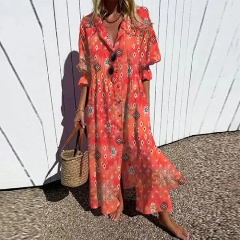 Comfortable boho summer dress with a relaxed fit and breezy silhouette, perfect for warm weather.