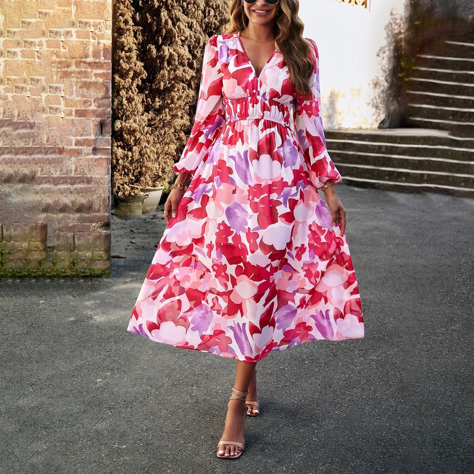 Elegant floral print summer dress featuring a charming design, lightweight fabric, and flattering silhouette, perfect for warm-weather occasions.