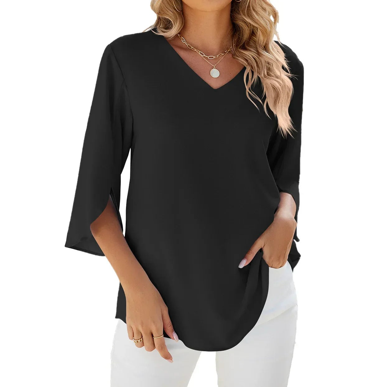 Elegant V-neck blouse with a flattering design, perfect for both professional and casual looks.