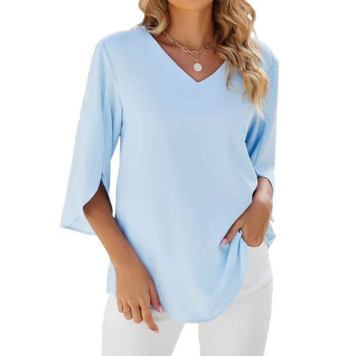 Elegant V-neck blouse with a flattering design, perfect for both professional and casual looks.