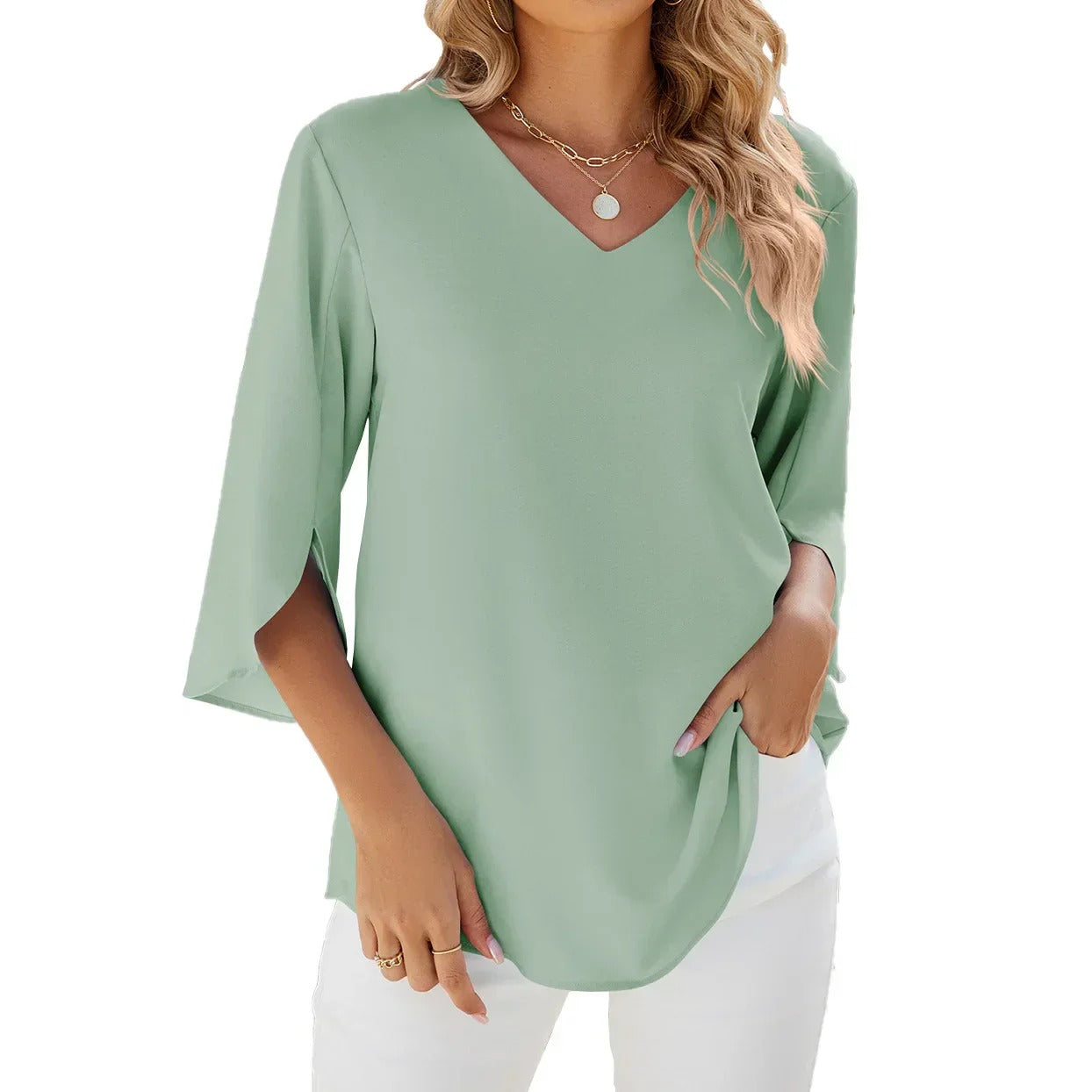 Elegant V-neck blouse with a flattering design, perfect for both professional and casual looks.