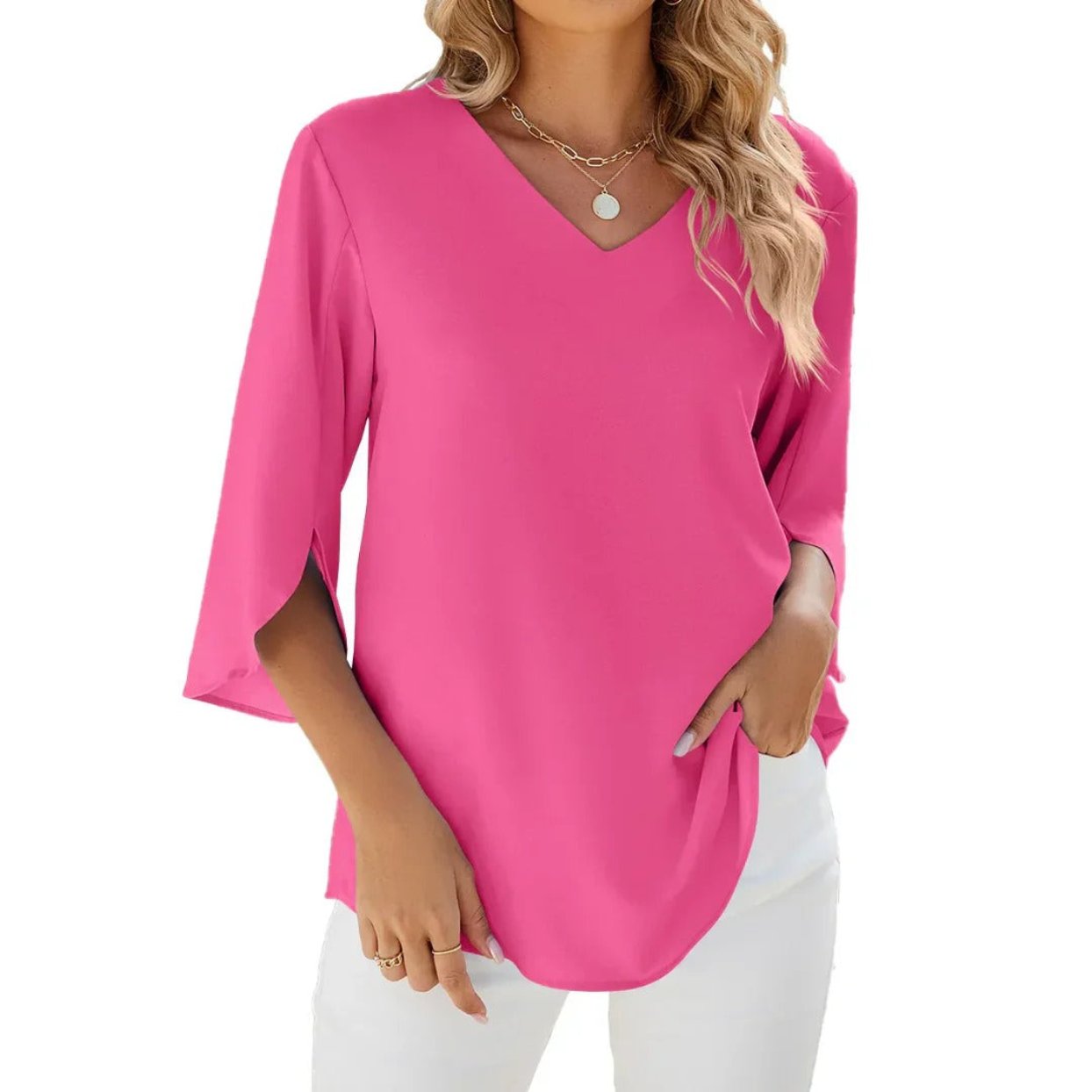 Elegant V-neck blouse with a flattering design, perfect for both professional and casual looks.