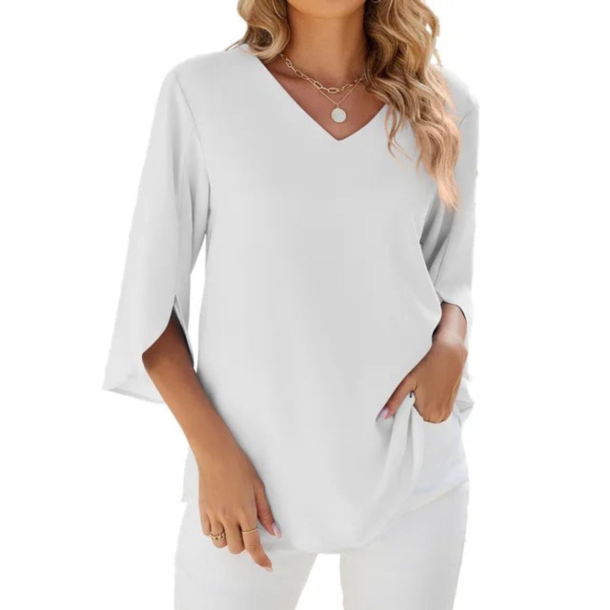 Elegant V-neck blouse with a flattering design, perfect for both professional and casual looks.