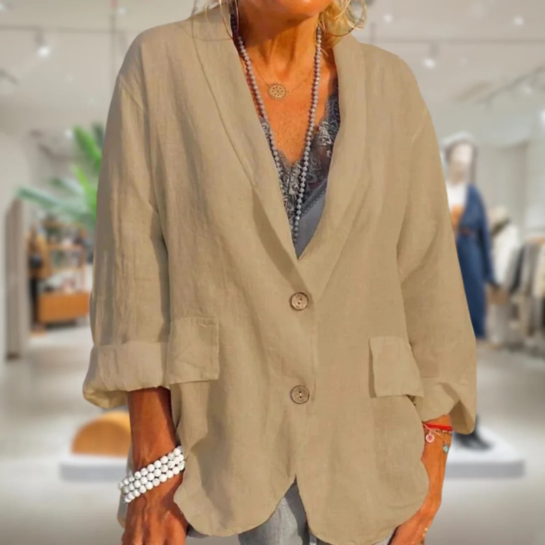 Linen summer jacket for women, offering lightweight comfort and stylish coverage for warm-weather outfits.