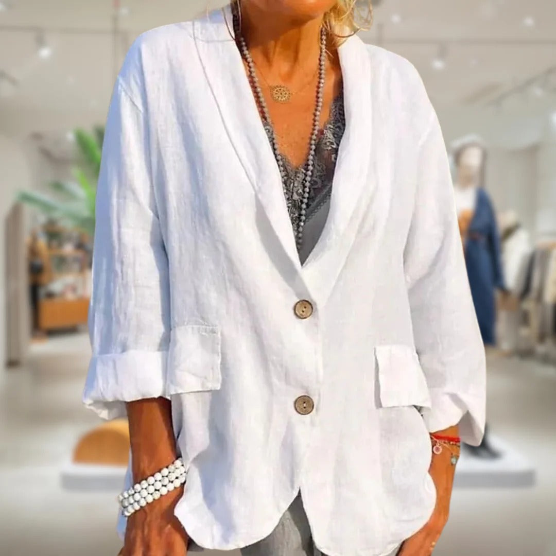 Linen summer jacket for women, offering lightweight comfort and stylish coverage for warm-weather outfits.