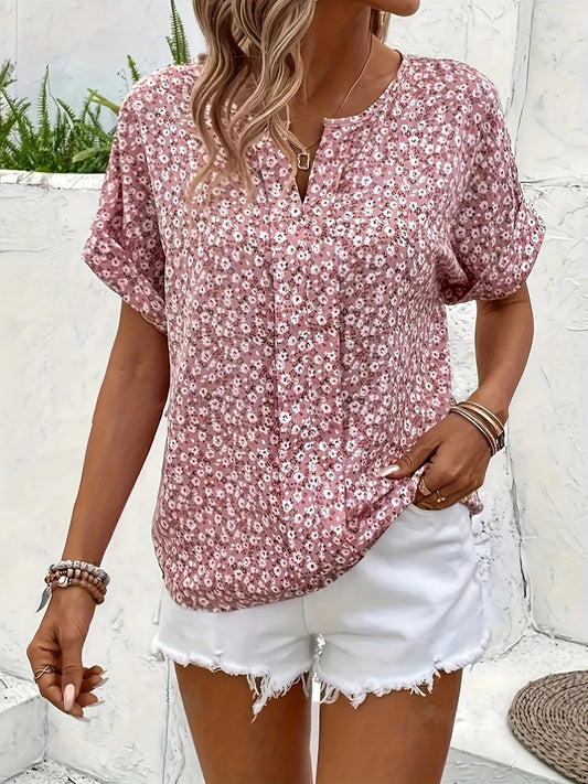 Pink floral print blouse, feminine and stylish top for casual and semi-formal occasions.