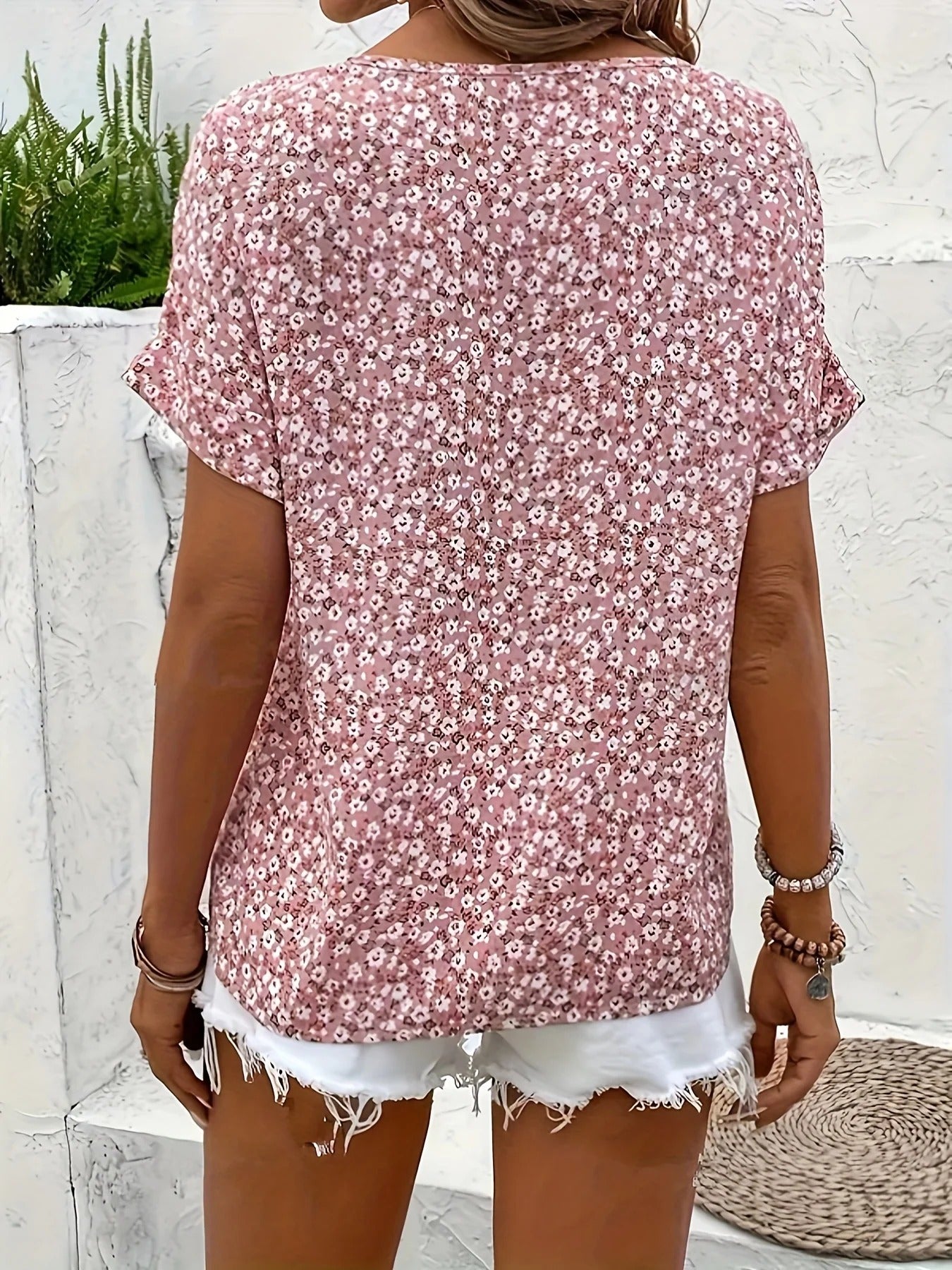 Pink floral print blouse, feminine and stylish top for casual and semi-formal occasions.