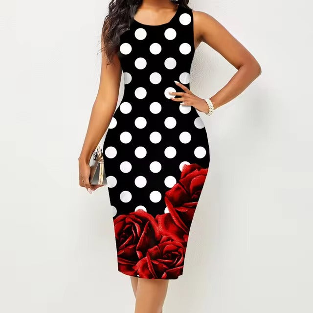 Sleeveless summer dress with print, perfect for warm-weather outings.